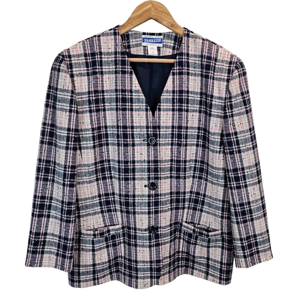 Pendleton Pure Wool Plaid Button Front Blazer Womens Sz 16 Navy Pink Grandmacore